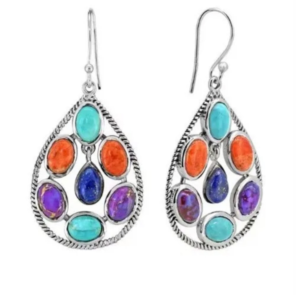 Mixed Stone Tibetan Silver Teardrop Pendant Bead Boho Dangle Earrings